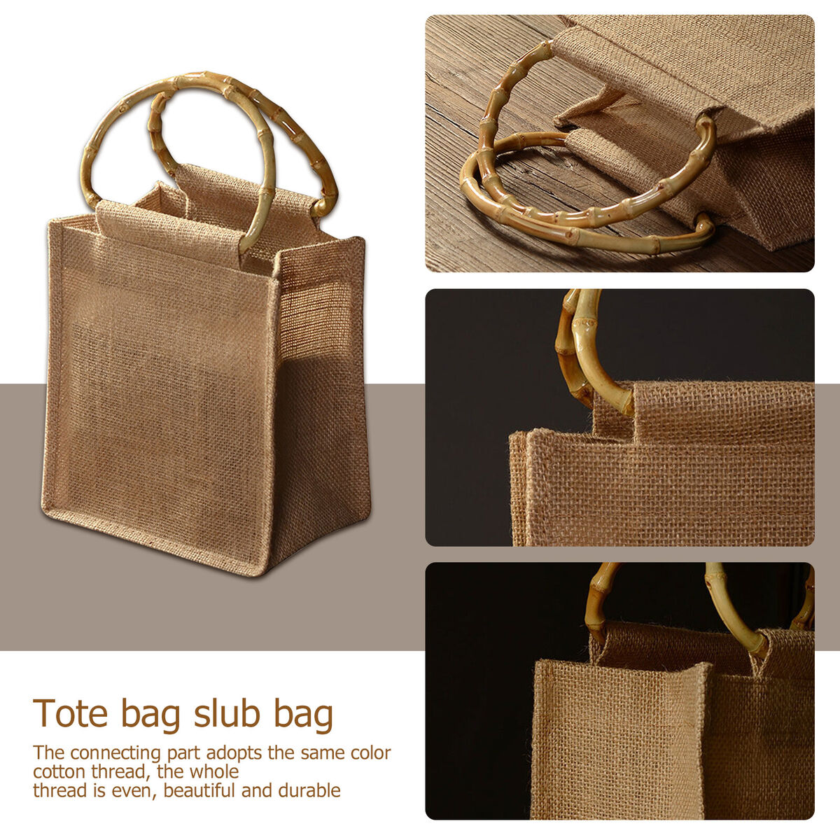 Jute Tote Bags for Women Bamboo Handle Handbag Shopping Bag Reusable