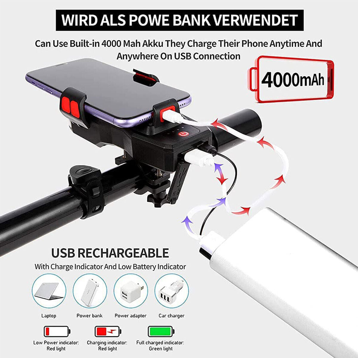 Bicycle LED Light Set with Phone Rack & Horn Alert & Power Bank Waterproof