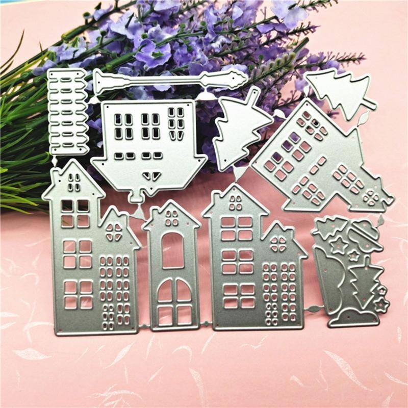 Village House Tree Streetlight Metal Cutting Dies Stencil DIY Embossing Template