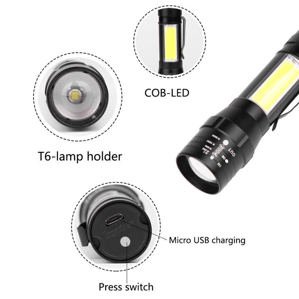 Zoom T6+COB LED Flashlight USB Rechargeable 4 Modes IP44 Waterproof Torch