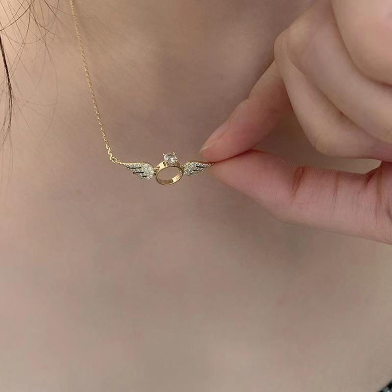 Tiny Angel Wing Necklace Round Crown Wing Pendant Chain Necklace Choker