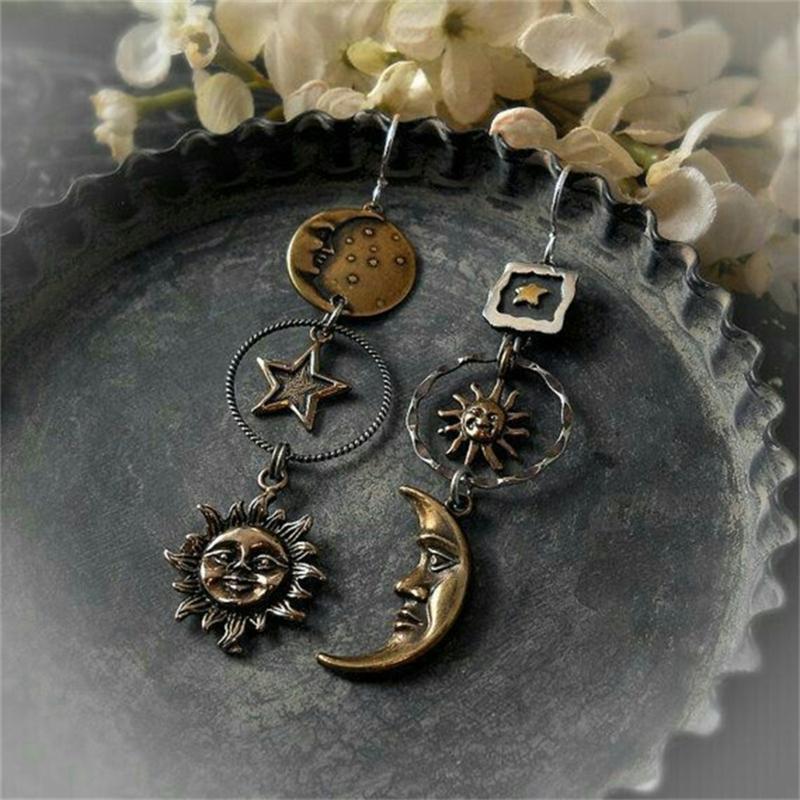 Sun Moon Pentagram Asymmetric Trendy Pendant Earrings Party Jewelry Gift for Her