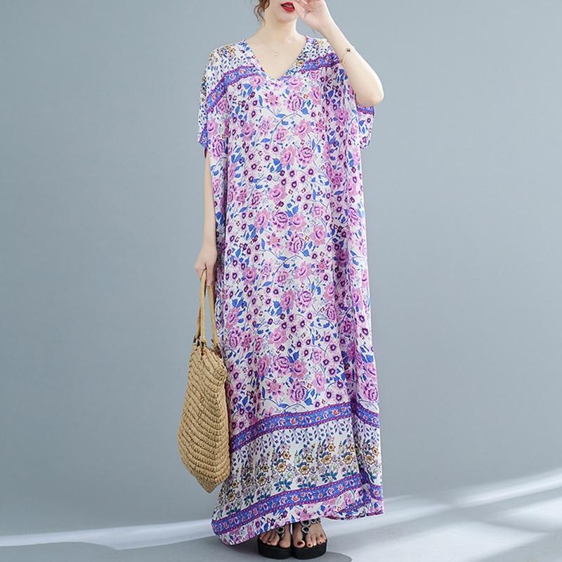 Women Loose Kaftan Swimsuit Cover Up Short Sleeve V-Neck Floral Beach Maxi Dress