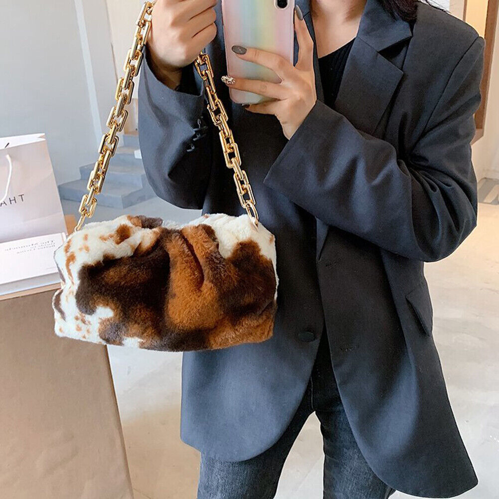 Women Plush Cloud Chain Handbags Cow Printed Shoulder Underarm Bags (Brown)