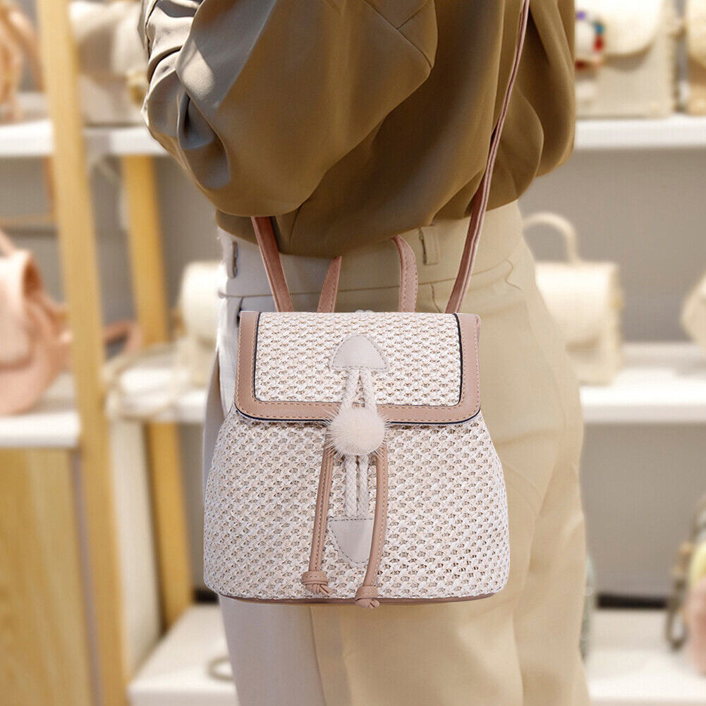 Straw Woven Backpack Beach Women Fashion Leather Pompom Travel Shoulder Bag