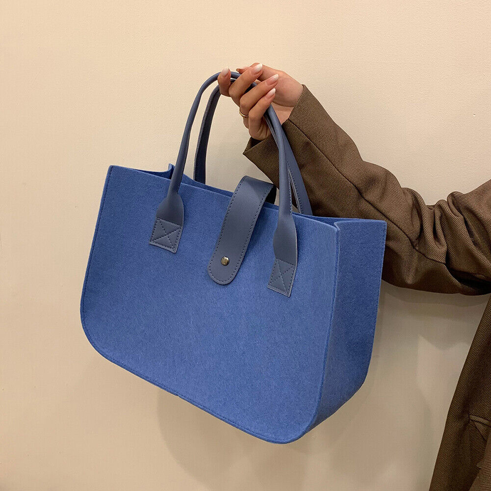 Women Felt PU Leather Quilted Tote Bag Solid Color Top-handle Bag (Blue)