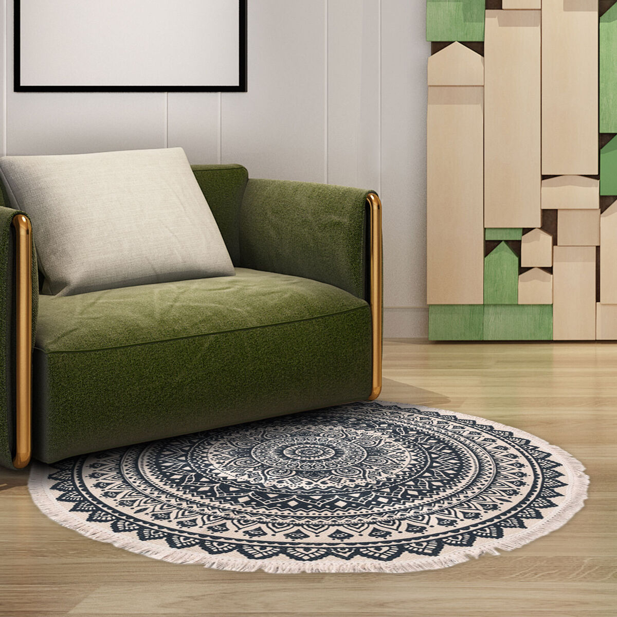 Hand Woven Rugs - Living Room Bedroom Carpet with Tassel (Blue Black 60cm)