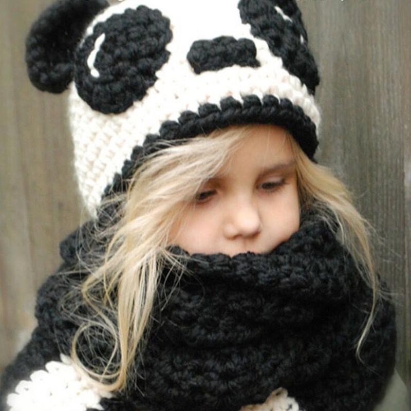 Boys Knitted Hat and Scarf Winter Color Matching Warm Fashion Panda Shape Scarf