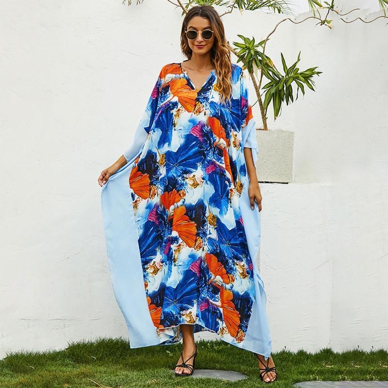 Women Middle East Long Dress 3/4 Sleeve Abstract Floral Beach Cover Up Kaftan