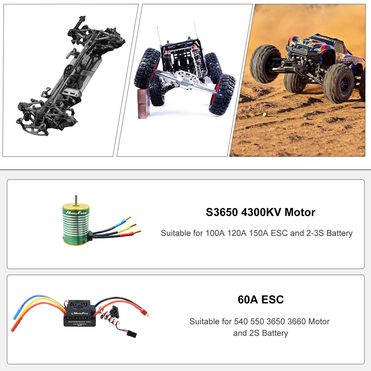 HOBBYFANS Waterproof 3650 4300KV Brushless Motor 60A ESC for 1/10 RC Car