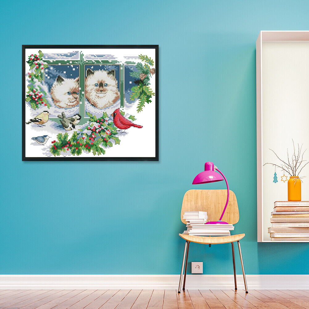 Stamped Cross Stitch Winter Kitties 2-Strand 14CT Embroidery DIY Set (D379)