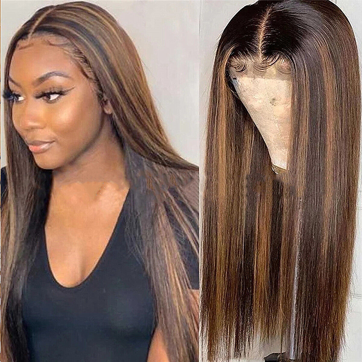 Fashion Women Ombre Brown Human Hair Wigs Brazilian Full Long Straight Front Wig