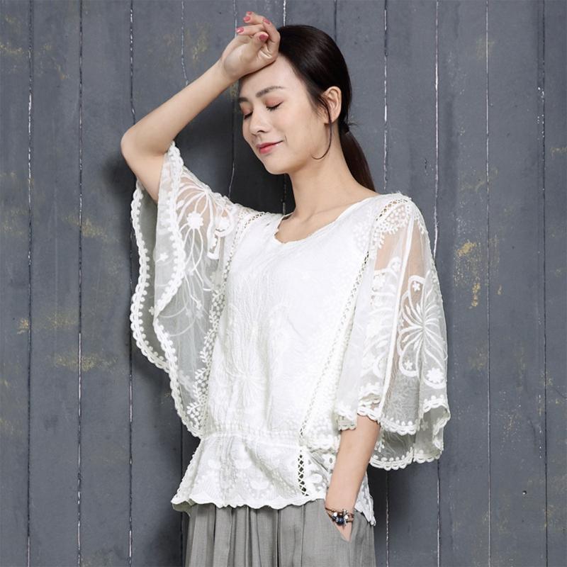 Women Embroidery Floral Lace Shirt Batwing Sleeve Ruffle Loose Chiffon Blouse