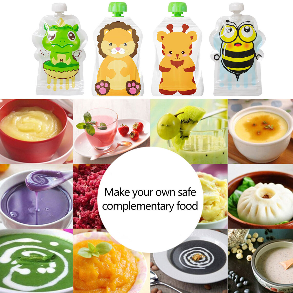 8pcs Reusable Food Storage Bags Sealed Refillable Baby Food Pouch Random