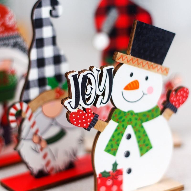 Christmas Wood Ornaments 4pcs/set Gnome Snowman Tiered Tray Decor Crafs