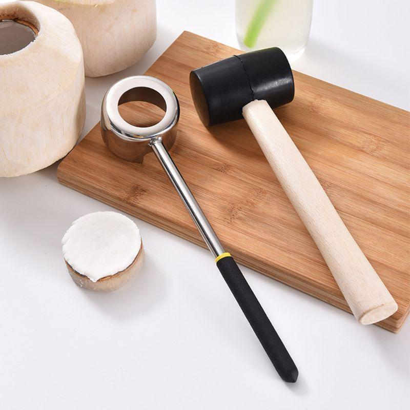 1Set Stainless Steel Shell Opener Rubber Hammer for Coconut Shell Opening Tool