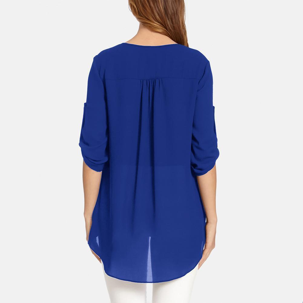 Summer Pure Women Tops 3/4 Sleeve Chiffon Irregular T-shirt (Dark Blue M)