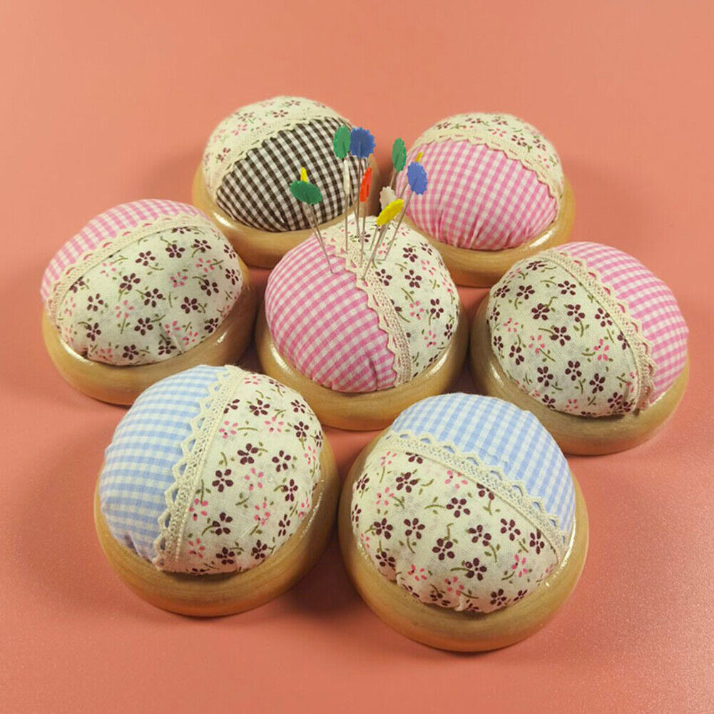Splicing Pastoral Round Pin Cushion Wood Base Fabric Needle Storage Holder