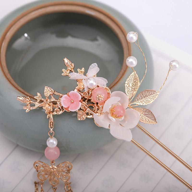 Women Chinese Hanfu Dress Jewelry Sets Tassel Floral Hairpins Earrings Hair Fork