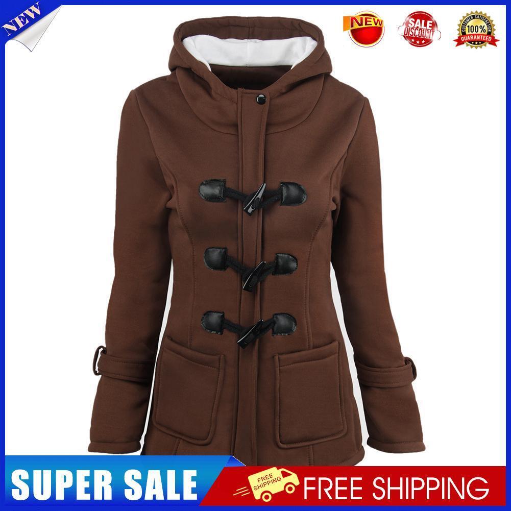 Thicken Solid Hooded Trench Coat Horn Buckle Women Outerwear (Coffee L)