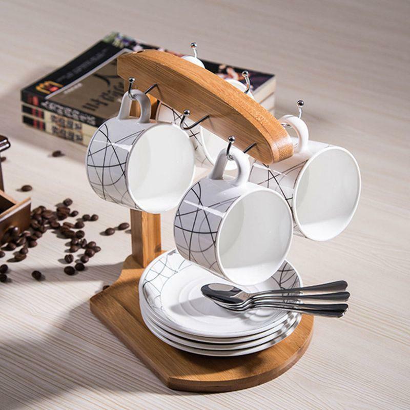 Bamboo Coffee Cup Holder Mug Rack Holds 6 Mugs for Coffee Mugs Saucer Display