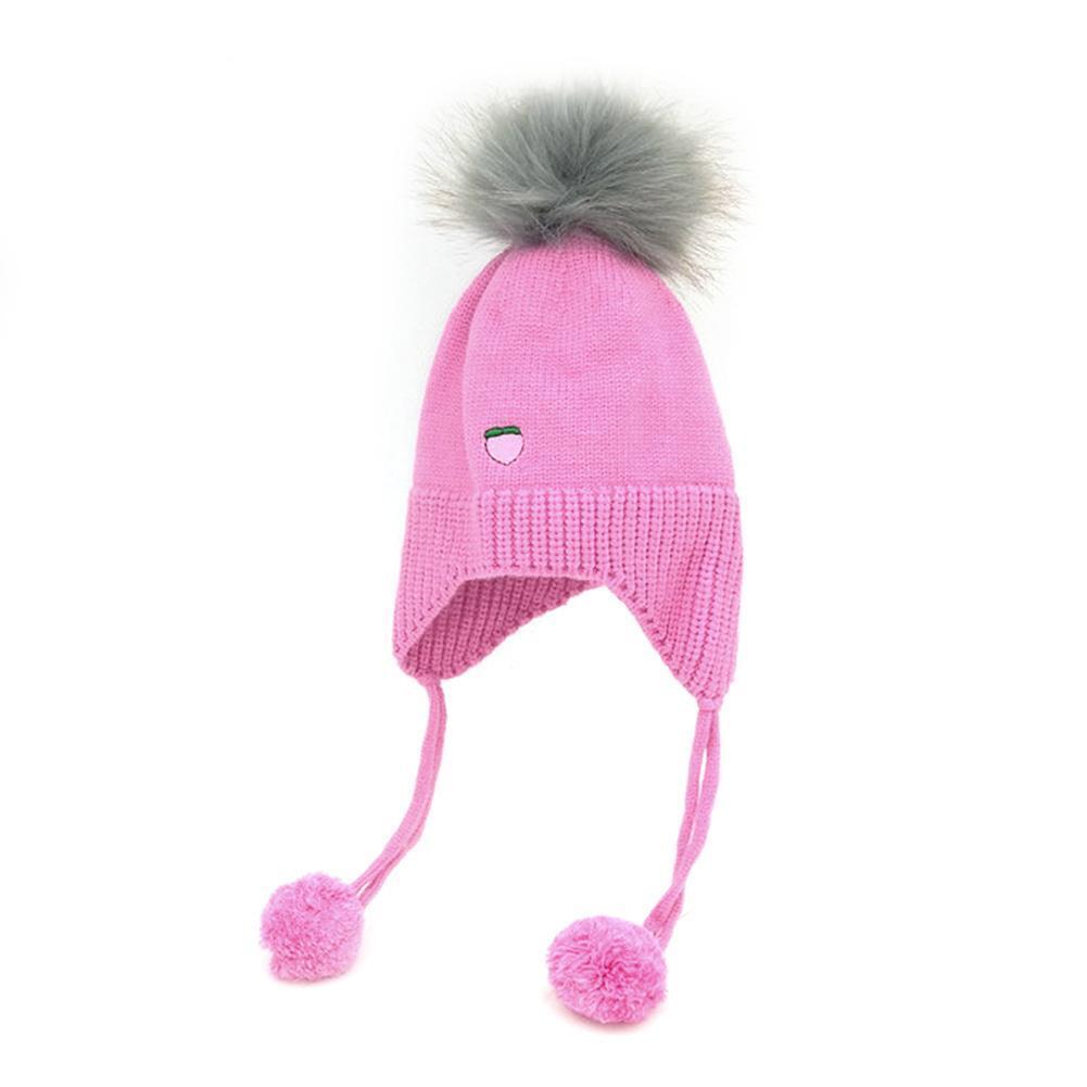 Cute Kids Girls Fruit Print Hat Pompom Beanies Cap Knitted Hats (Rose Red)