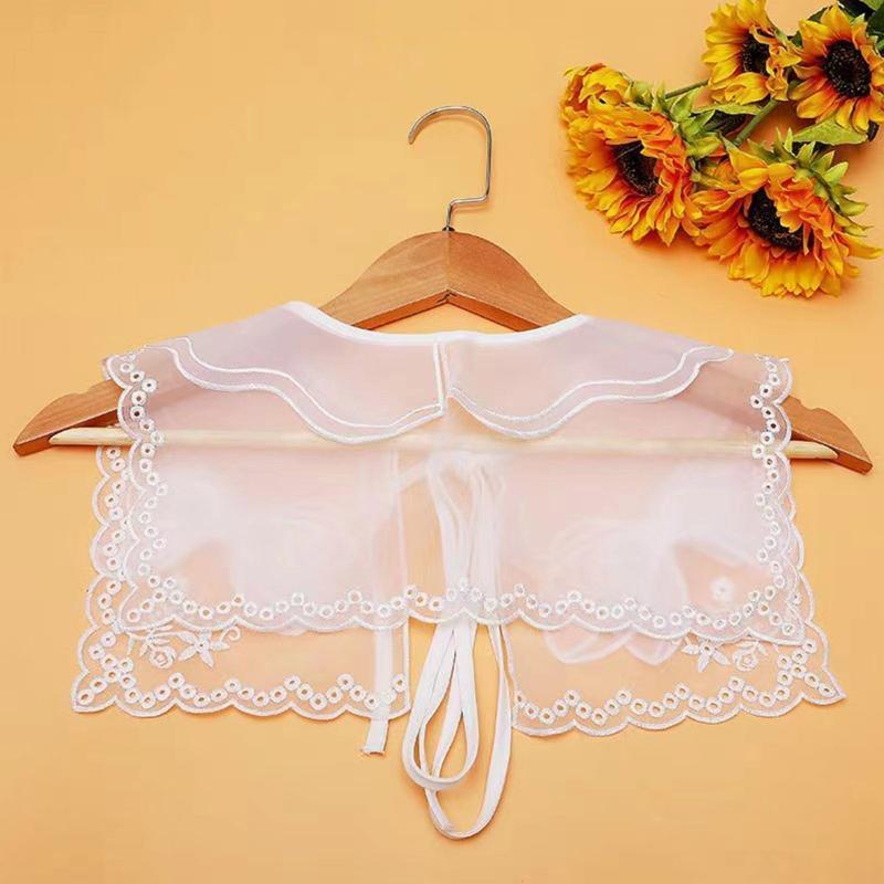 Women Double Layer Organza Collar Shawl Hollow Out Embroidery Bowknot Scarf Cape