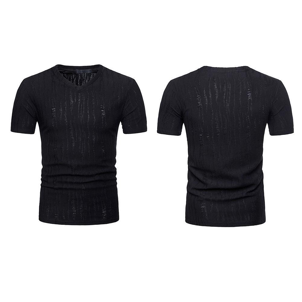Solid Color Men V Neck Short Sleeve T-Shirts Ripped Tops(Black)(XXL)