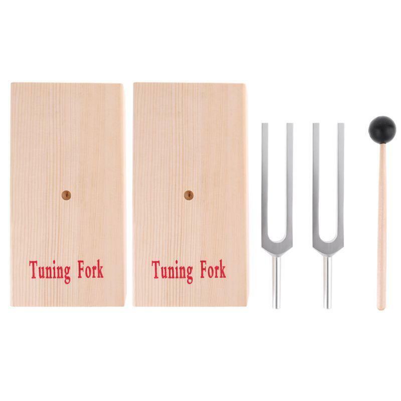 Pair of Tuning Forks (440Hz) in Wood Bases for physics experiment with mallet