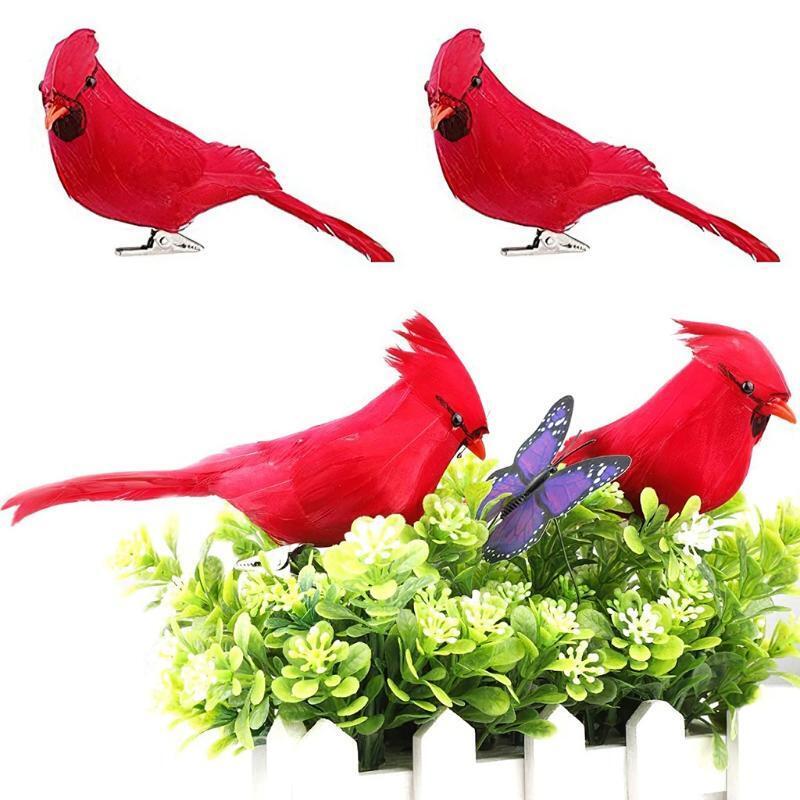4pcs Imitation Feather Red Birds Cardinal Clips On Christmas Tree Decorations