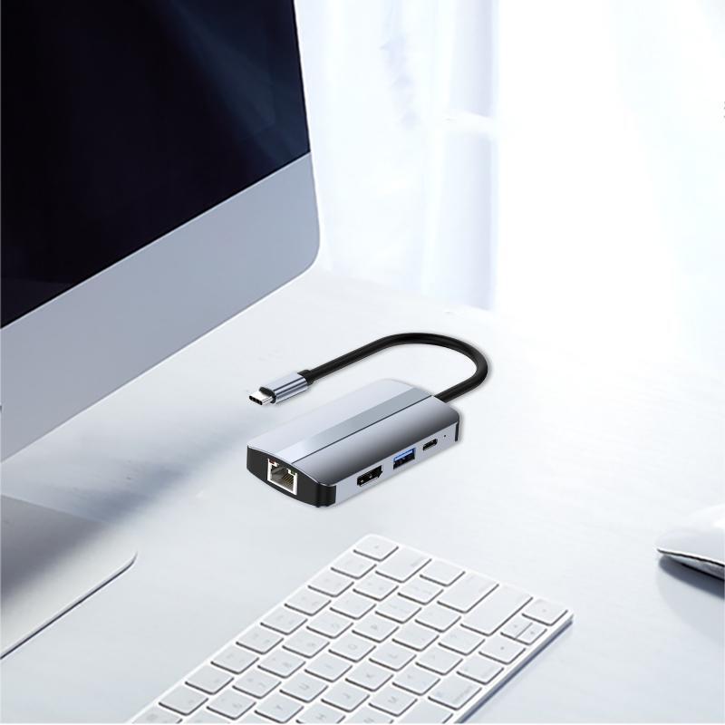 Type C Hub 6 in 1 HDMI-Compatible USB3.0 Splitter 5Gbps PD Rj45 Lan HUB Docking