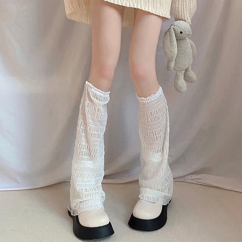 Women Lolita Summer Thin Leg Warmers Pleated Wavy Striped Baggy Foot Cover Socks