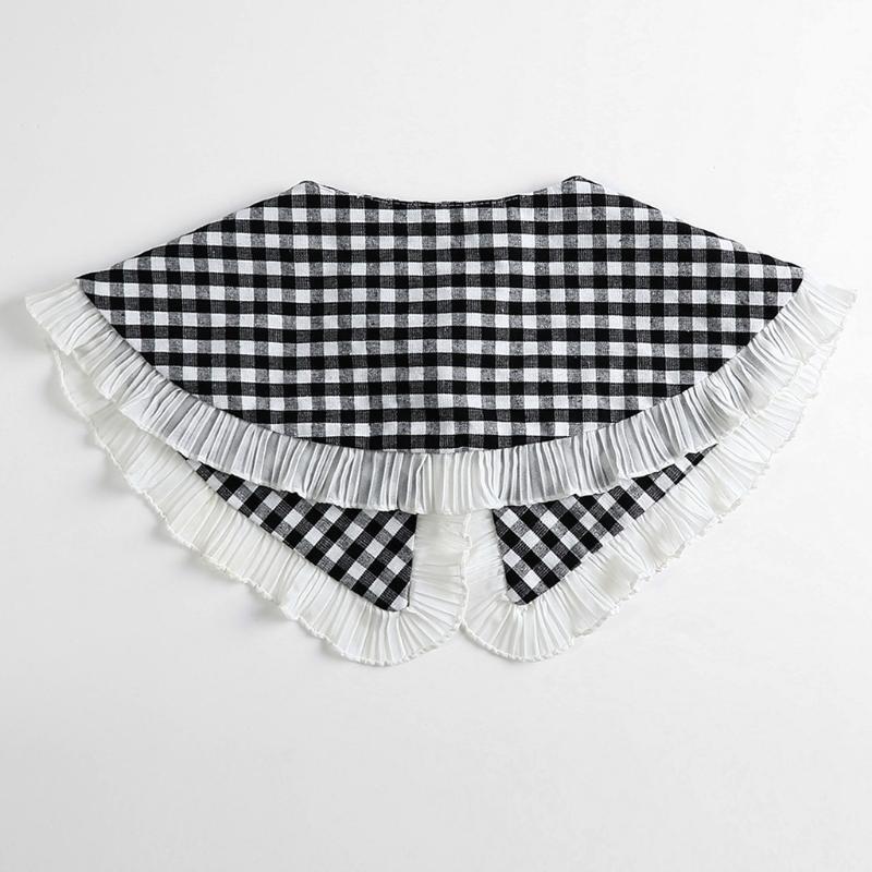 Women Black White Plaid False Collar Shawl Student Ruffles Necklace Mini Capelet