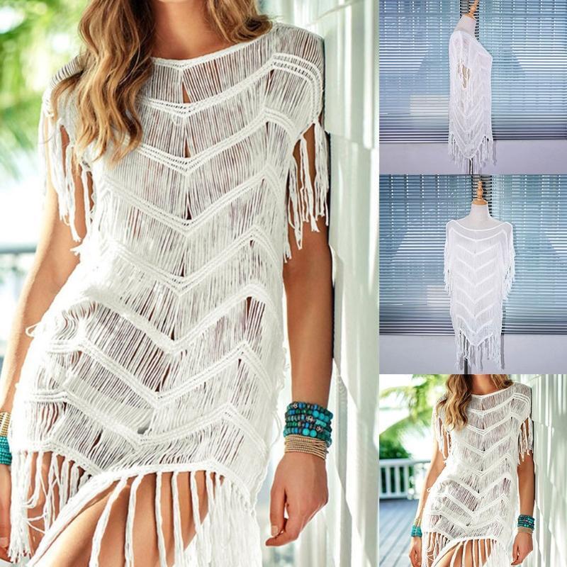 Women Summer Crochet Striped Swimsuit Bikini Cover Up Fringe Tassel Beach Dress