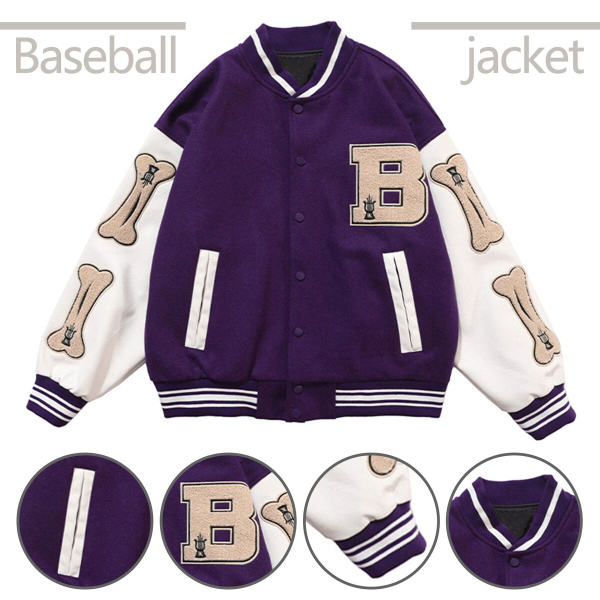 Letter Embroidered Jacket Leather Thick Baseball Uniform Coat (Purple 3XL)