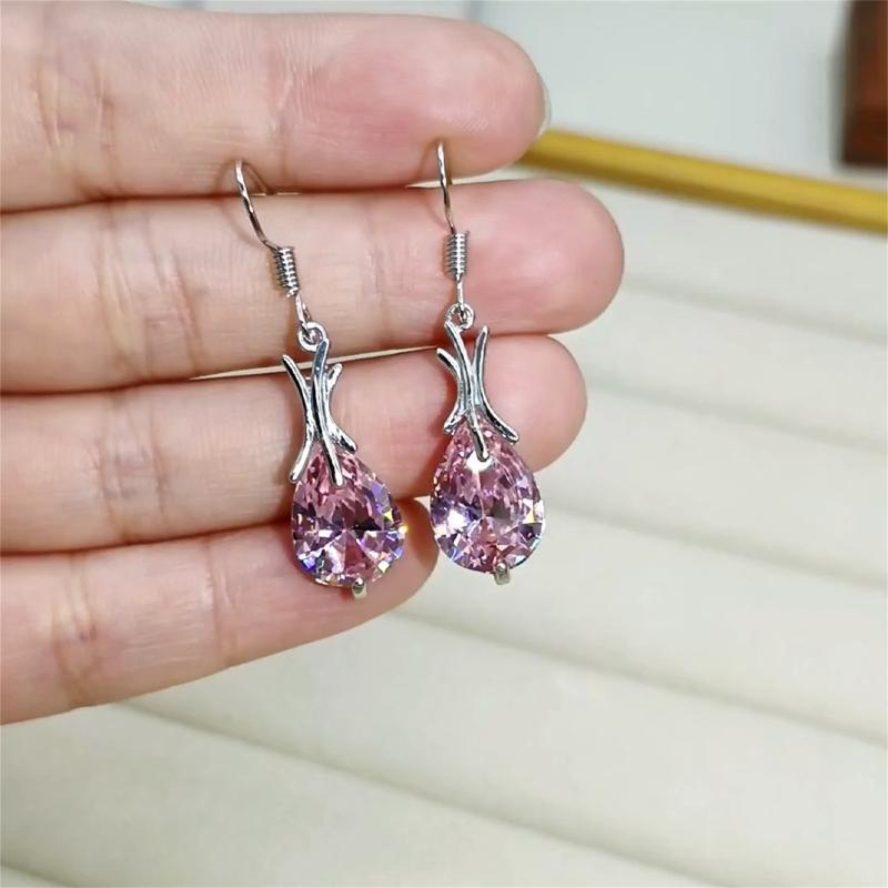 Sparkling Fish Hook Dangle Earring Pink Gem Pendant Earring Women Girl Jewelry