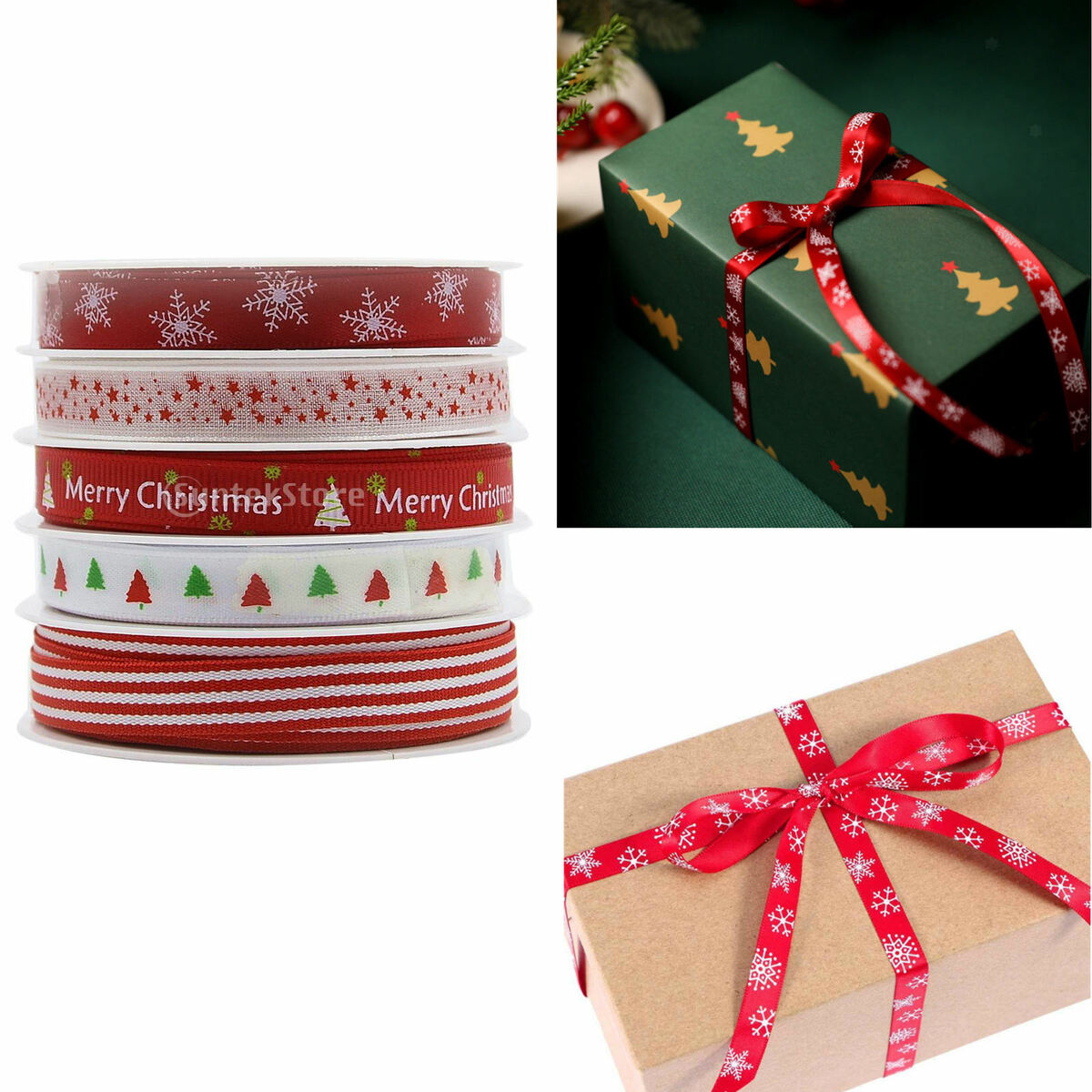 5Pcs Christmas Ribbon, Grosgrain Satin Fabric  Ribbons for Crafts Holiday