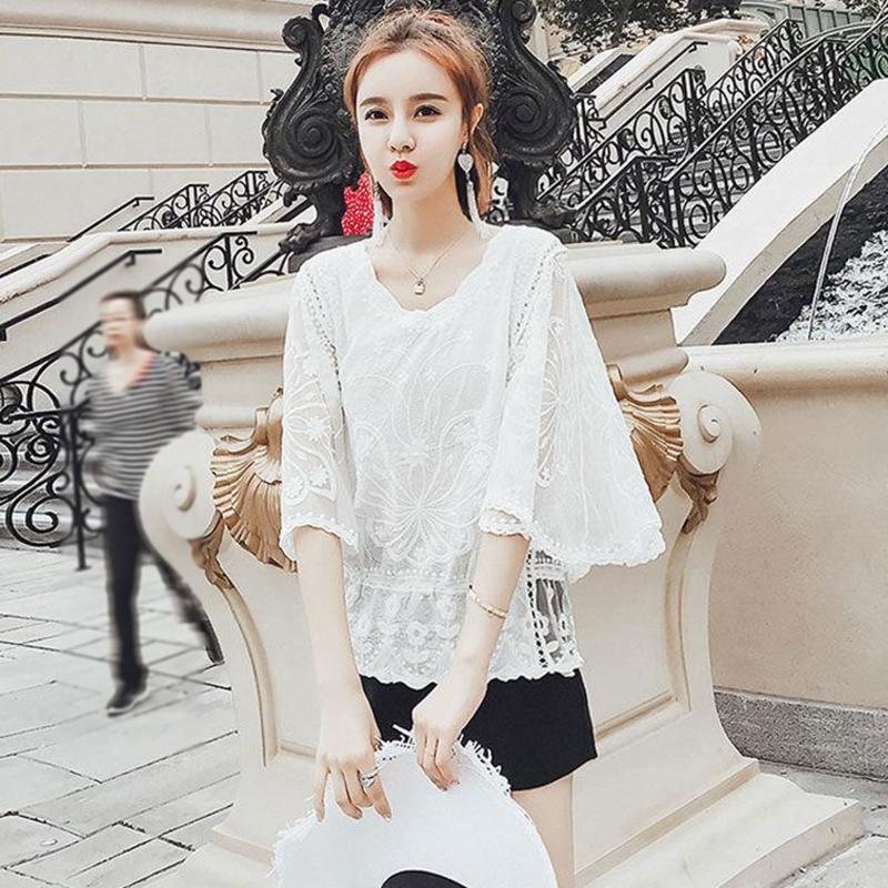 Women Embroidery Floral Lace Shirt Batwing Sleeve Ruffle Loose Chiffon Blouse
