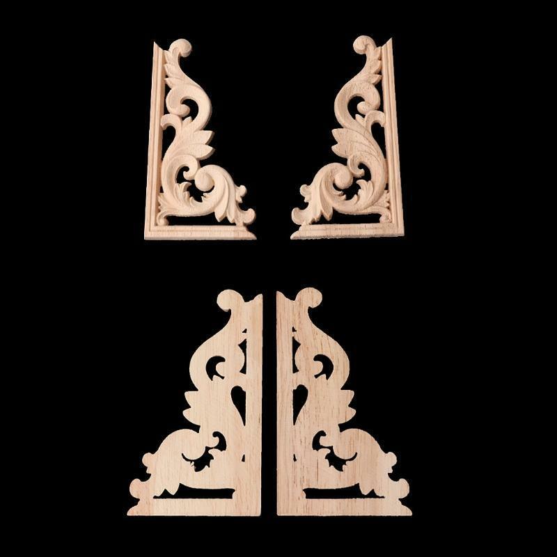 1Pair Wood Carved Corner Onlay Applique Frame Decor Furniture Craft Unpainted