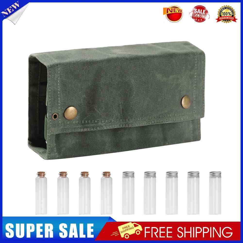 9pcs Camping Small Spice Bottles Set w/ Storage Bag Glass Jars (Dark Green)