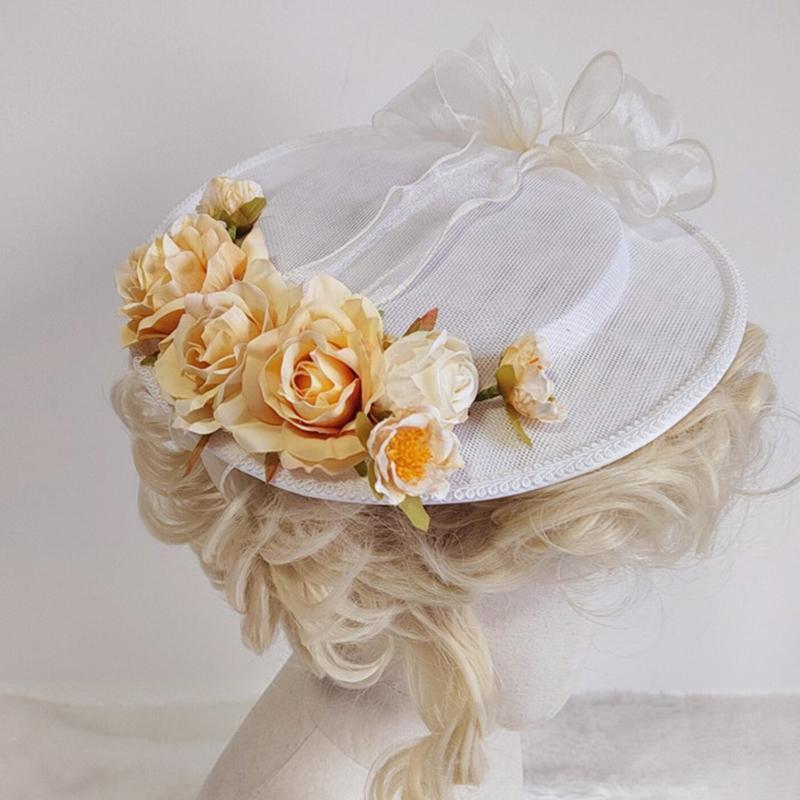 Lolita Flat Top Hat Sweet w/Light Yellow Flowers All-match for Girl Women Accs