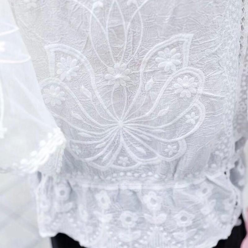 Women Embroidery Floral Lace Shirt Batwing Sleeve Ruffle Loose Chiffon Blouse