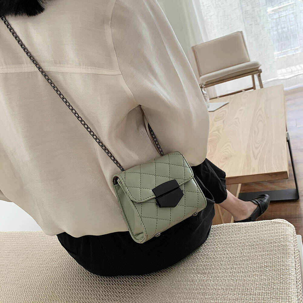Women PU Leather Messenger Bag Chain Small Shoulder Satchel Bags (Green)