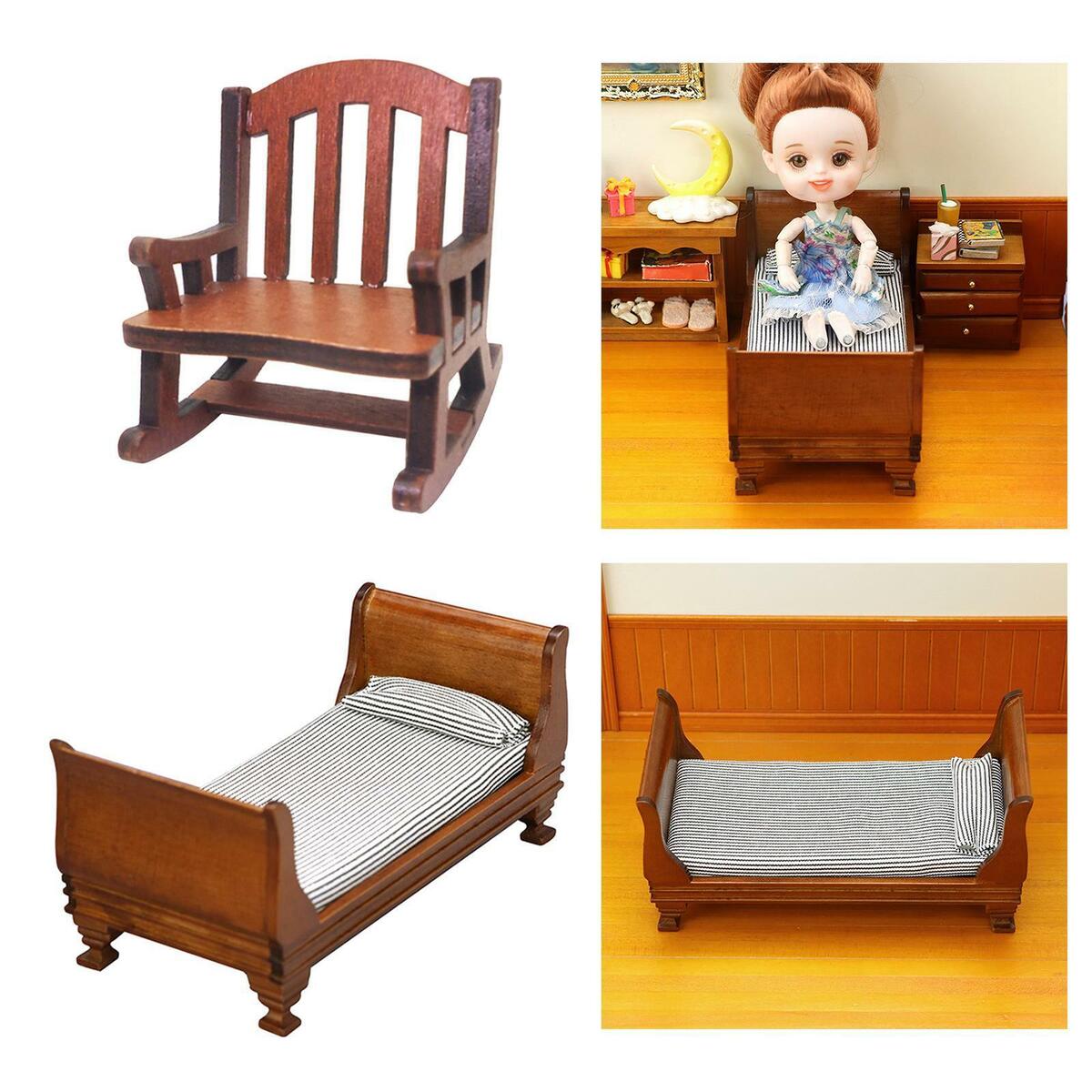 2pcs  House Wooden Bed w/ Rocking  Scenery Furniture Decor