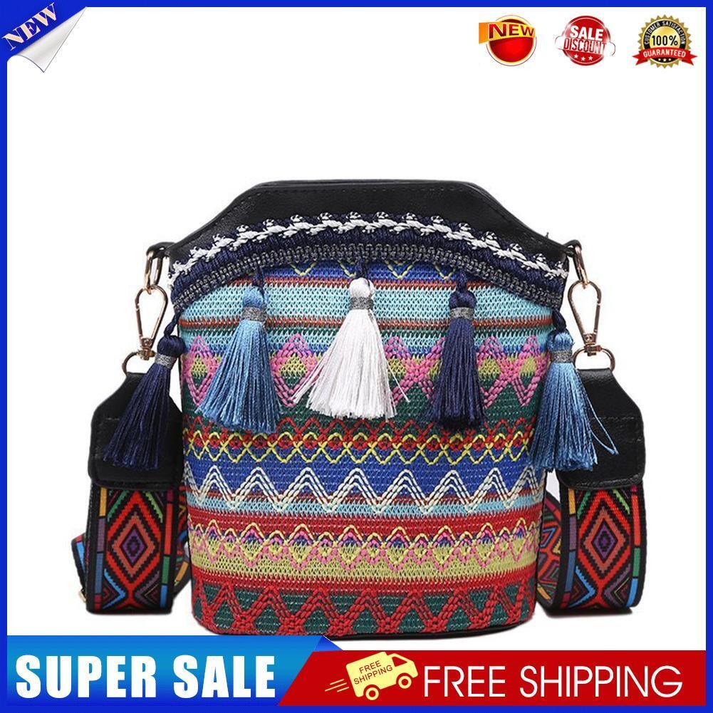 Ethnic Women Crossbody Bag Woven Tassels Small Bucket Handbags (Black)