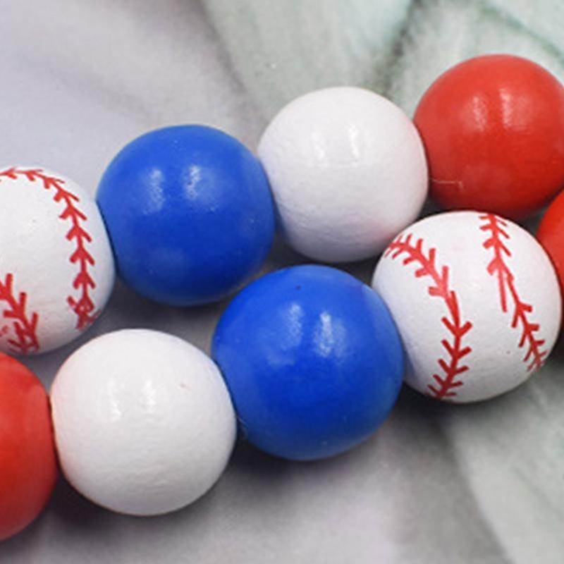 Wood Bead Garland with Tassels Baseball Tag Blue Red and White Sports Theme