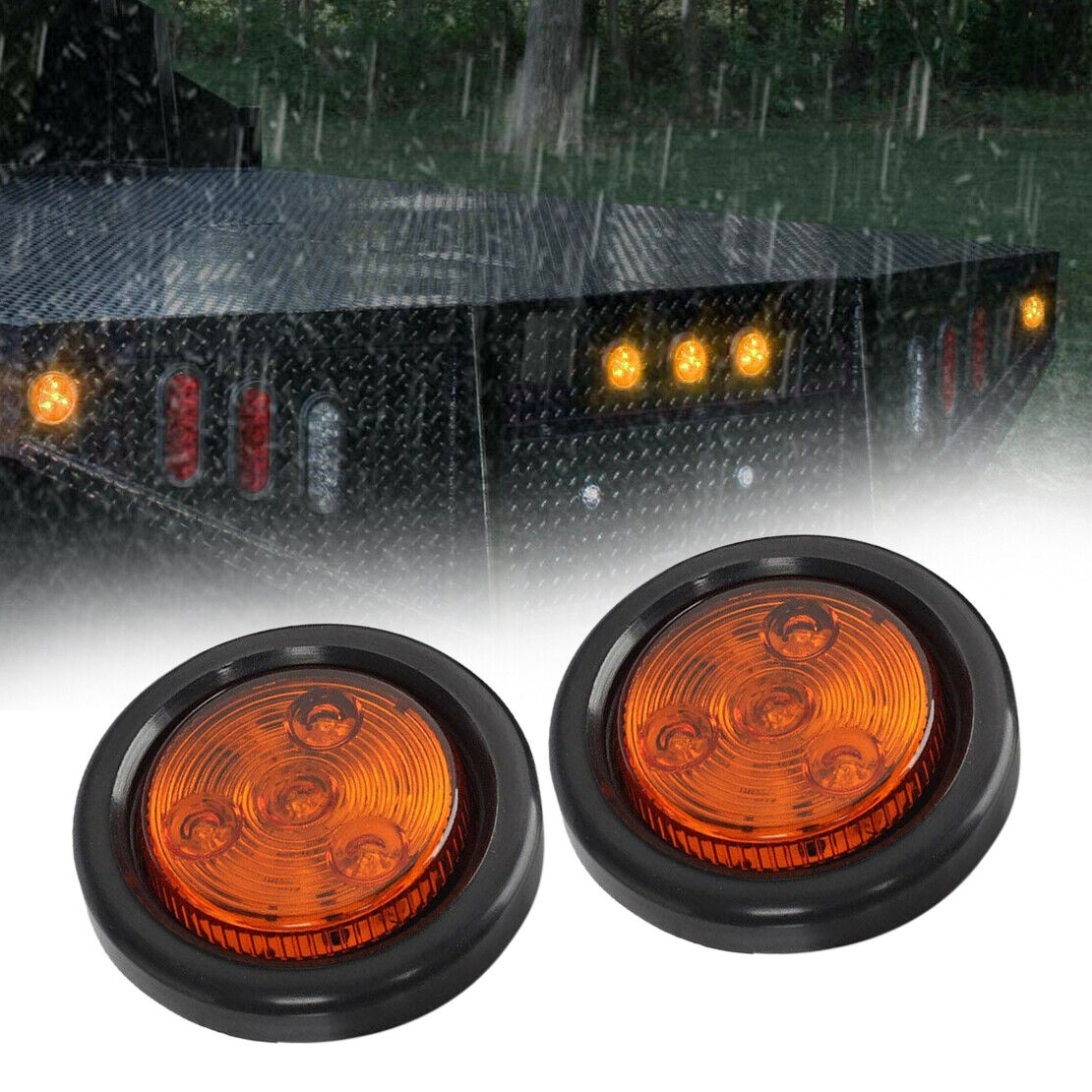2pcs 4LED 2inch Amber Round Side Marker Clearance Tail Light For Truck Trailer