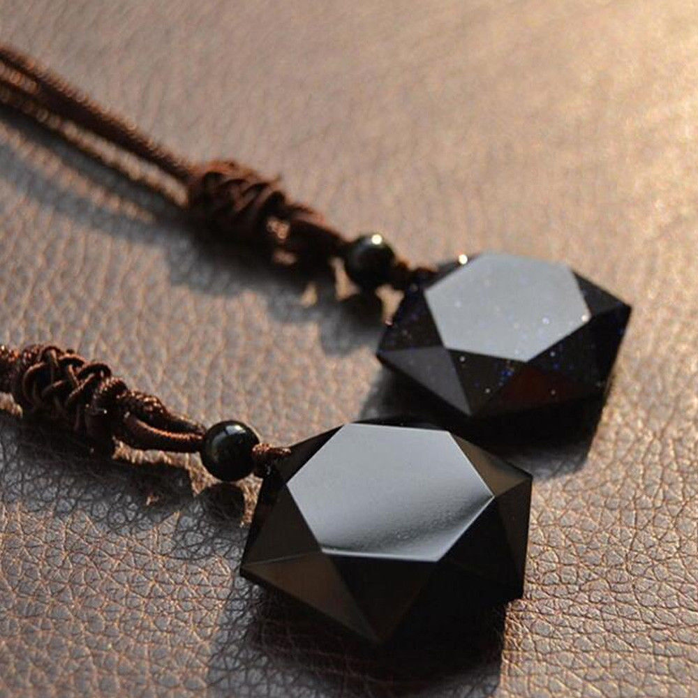 Men Blessing Jewelry Lucky Obsidian Pendant Necklace Amulet Hexagram Shape