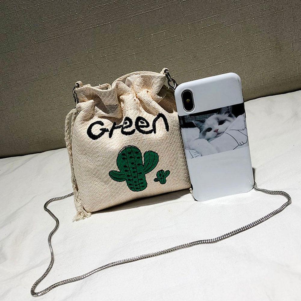 Cactus Embroidery Straw Crossbody Bucket Mini Women Chain Shoulder Bags