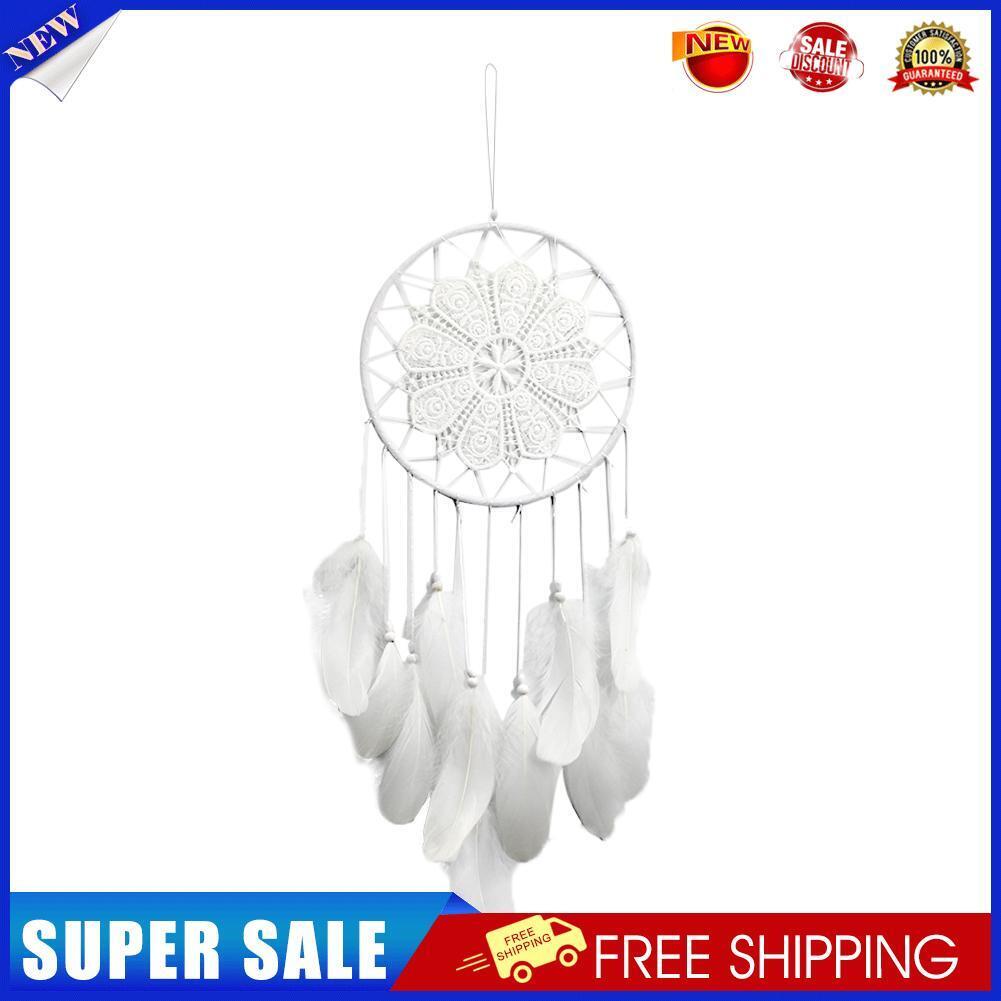 Handmade Feathers Beads Crochet Dream Catcher Wall Art Hang Decor (White)